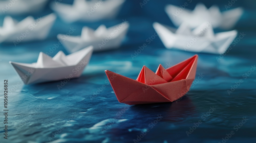 A red origami boat guiding a fleet of white paper ships symbolizing leadership vision and success in a competitive environment