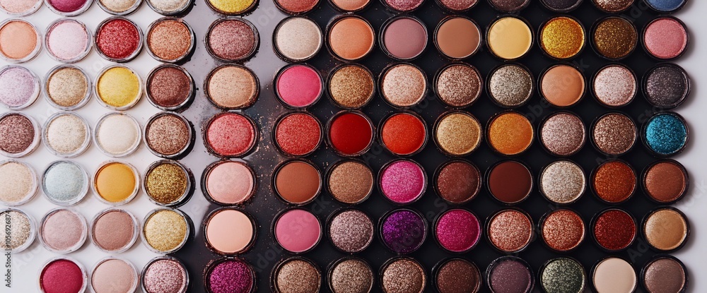 A close-up of a colorful eyeshadow palette with various shades and textures. A close-up of a colorful eyeshadow palette with various shades and textures.