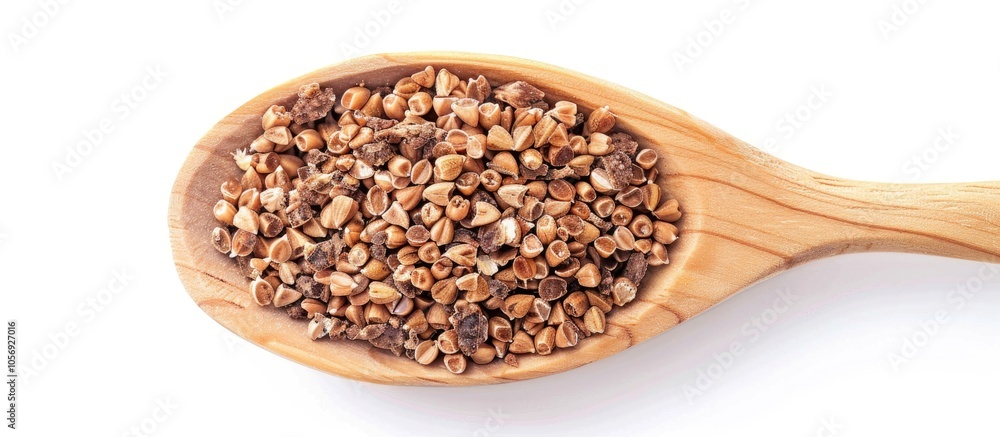 Buckwheat Tea In Wooden Spoon Isolated On White Background Whole Roasted Buckwheat Grains Fagopyrum Tataricum Top View Buckwheat Tea In Wooden Spoon Isolated On White Background Whole Roasted Buckwheat Grains Fagopyrum Tataricum Top View