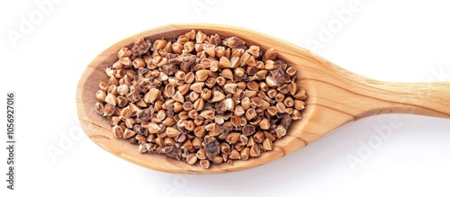 Buckwheat Tea In Wooden Spoon Isolated On White Background Whole Roasted Buckwheat Grains Fagopyrum Tataricum Top View photo