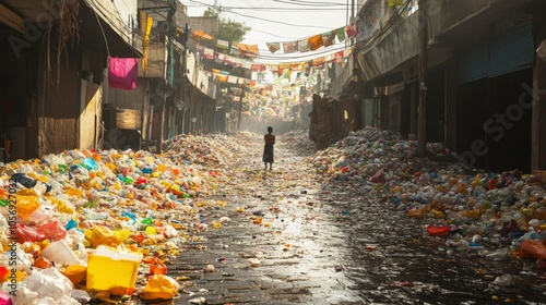 A solitary figure walks through a street overflowing with plastic waste