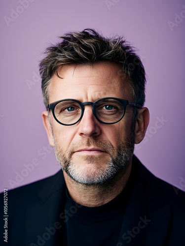 Man in dark jacket with glasses against purple background 