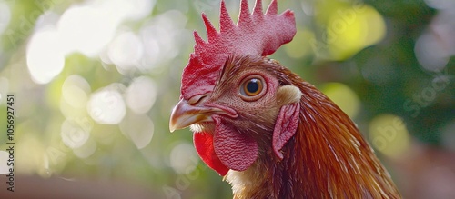 Closeup Head Portrait Of A Male Chicken Or Rooster With A Blurred Bokeh Background Of Henhouse photo