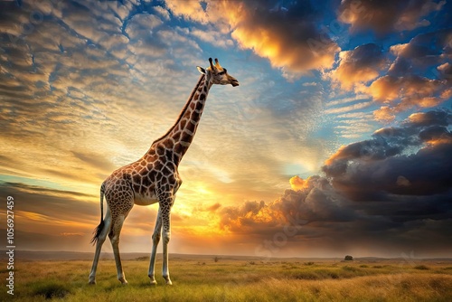 Graceful Giraffe Amidst Majestic Skylines: A Long Exposure Capture of Nature's Beauty and Wildlife Serenity in a Harmonious Landscape