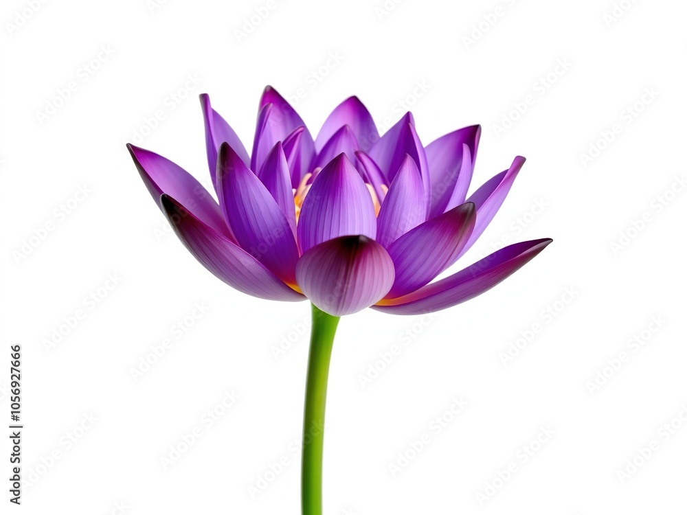 A beautiful purple lotus flower set against a clean white background, showcasing the delicate petals and vibrant color, floral, purity A beautiful purple lotus flower set against a clean white background, showcasing the delicate petals and vibrant color, floral, purity