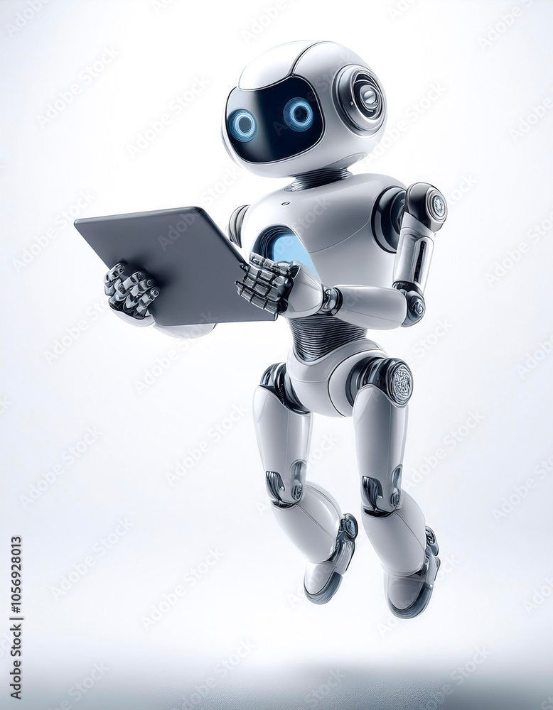 Ai robot using tablet floating or flying isolated white background Ai robot using tablet floating or flying isolated white background