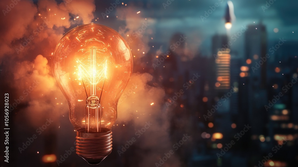 Innovative light bulb amidst a nighttime urban setting with smoke and a rocket launching Represents creativity technology electricity and science themes Innovative light bulb amidst a nighttime urban setting with smoke and a rocket launching Represents creativity technology electricity and science themes