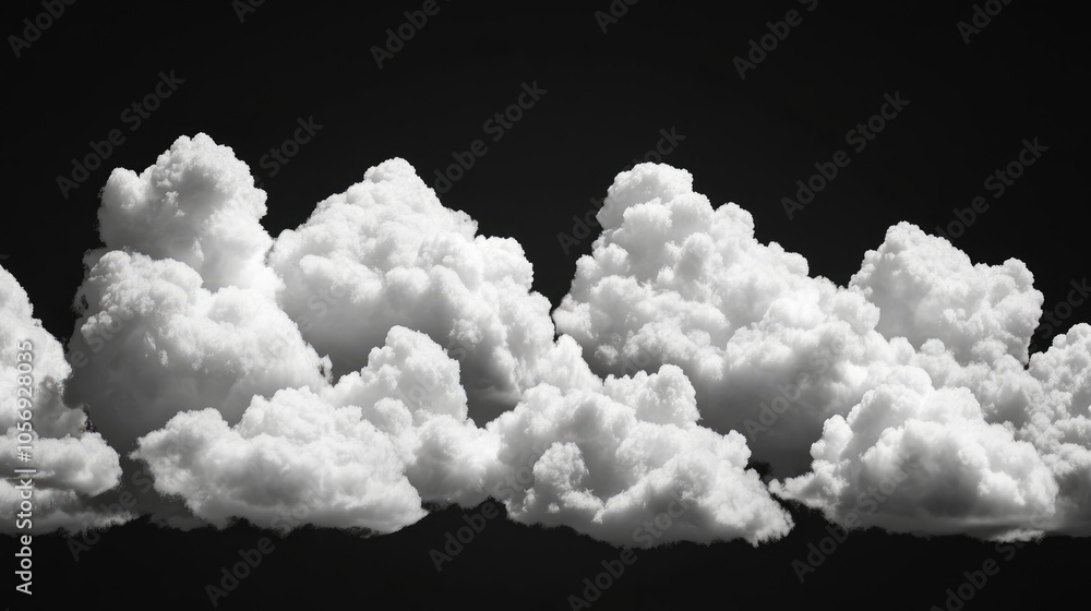 Fluffy white clouds of different sizes set against a dark background Fluffy white clouds of different sizes set against a dark background