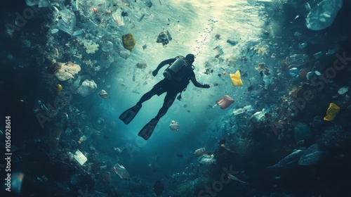 Diver Swimming Through a Sea of Plastic Pollution