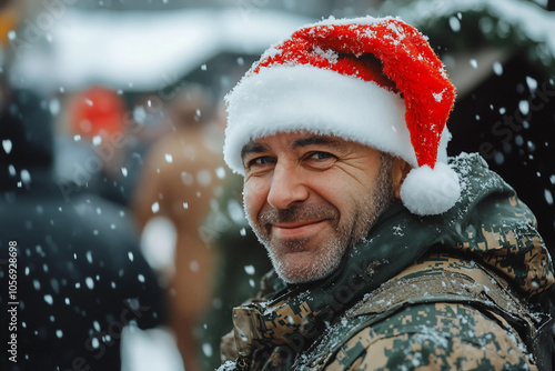 Generative AI image of military man or woman in Santa hat during holiday celebration family, perfect for festive homecoming themes photo