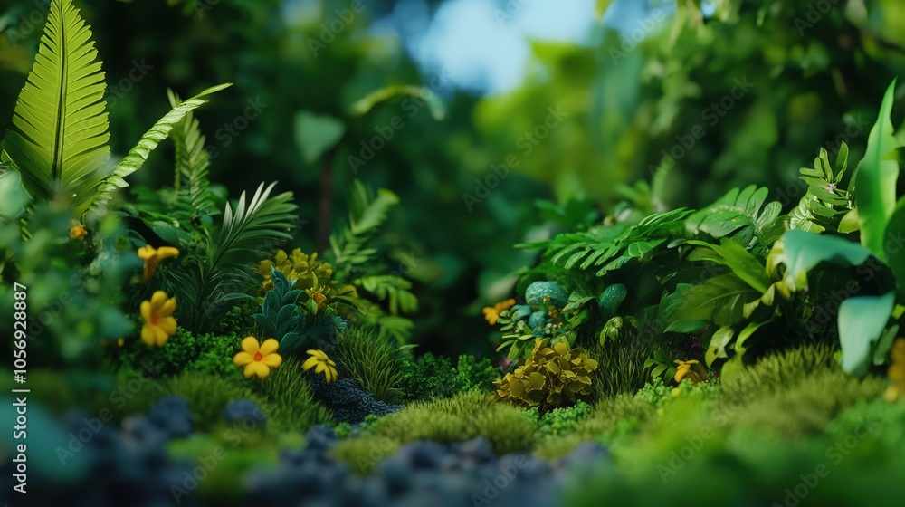 Lush Green Rainforest Undergrowth with Yellow Flowers Nature Background Lush Green Rainforest Undergrowth with Yellow Flowers Nature Background
