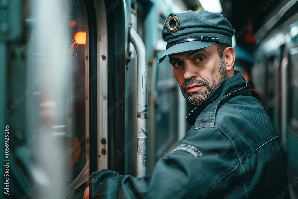 Generative AI image of a public transport machinist at work, focused on operating the vehicle Generative AI image of a public transport machinist at work, focused on operating the vehicle