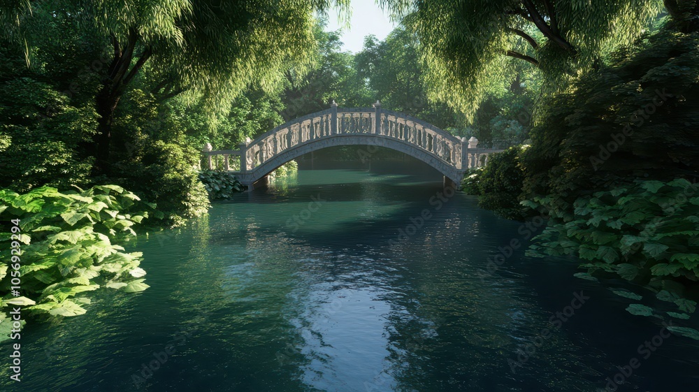 Charming riverside waterfront with a picturesque bridge surrounded by lush greenery and tranquil waters. Charming riverside waterfront with a picturesque bridge surrounded by lush greenery and tranquil waters.