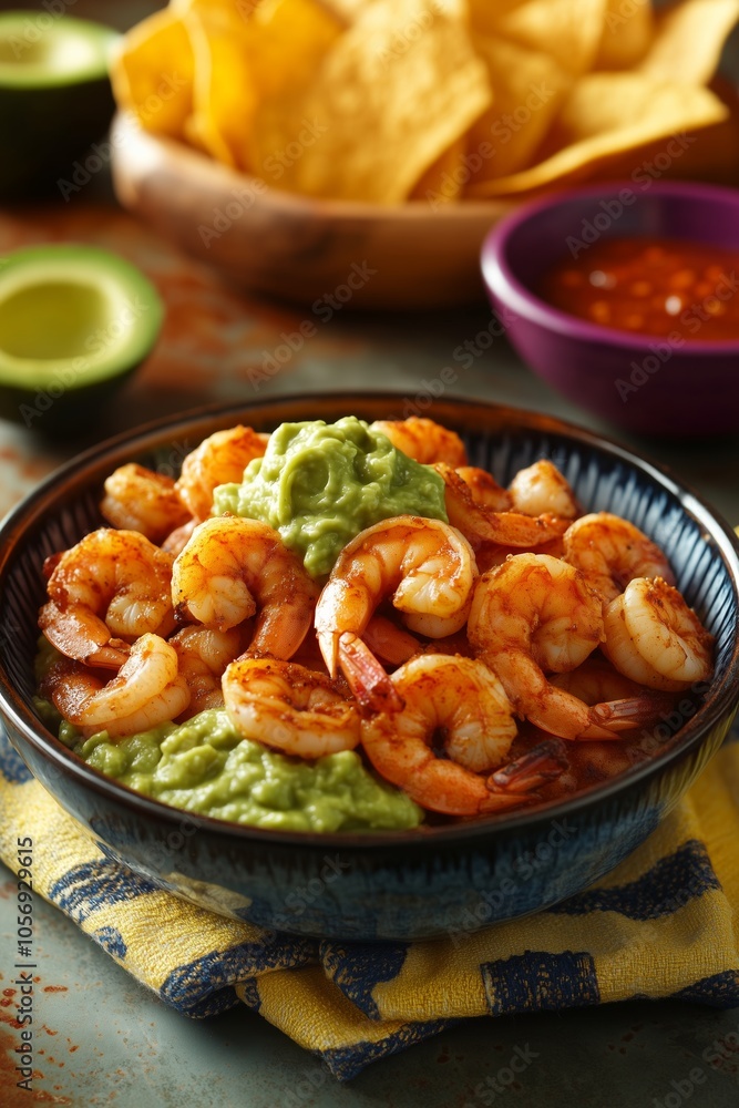 Savory grilled shrimp served with guacamole and tortilla chips on a rustic table setting Savory grilled shrimp served with guacamole and tortilla chips on a rustic table setting