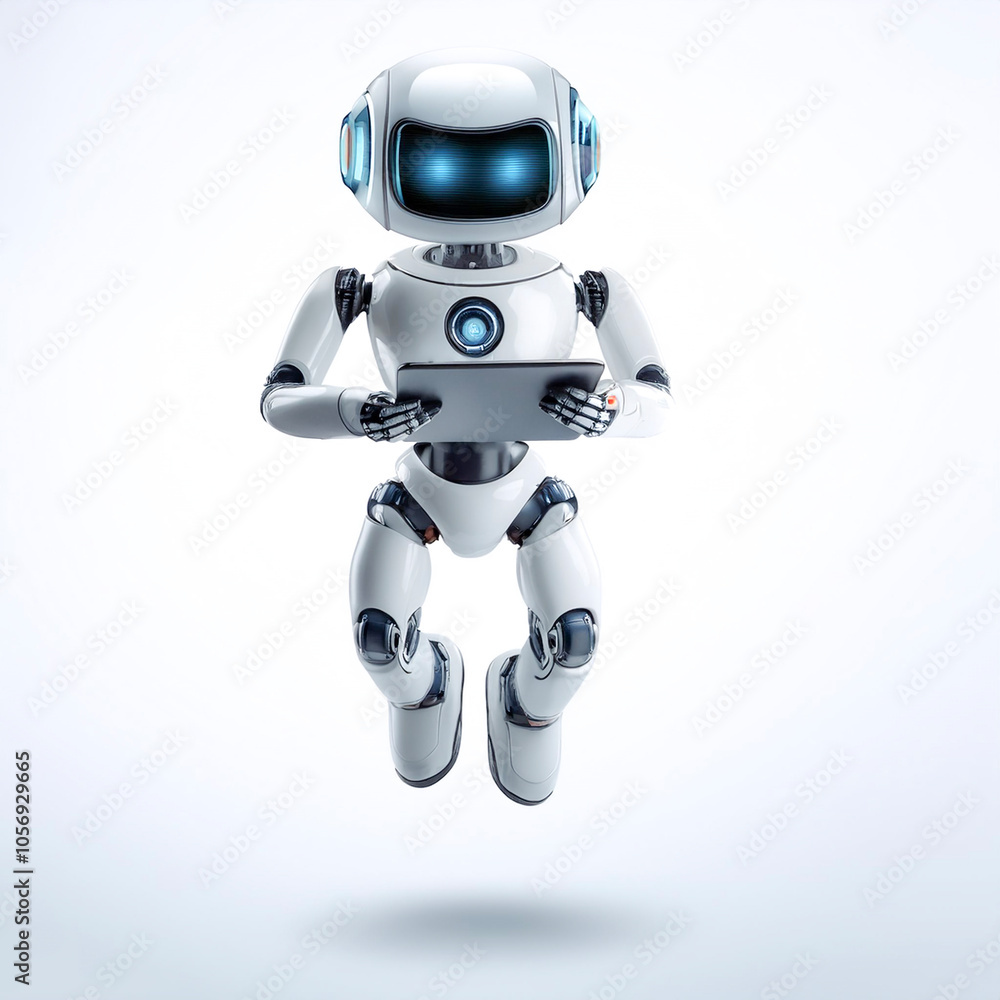 Ai robot using tablet floating or flying isolated white background Ai robot using tablet floating or flying isolated white background