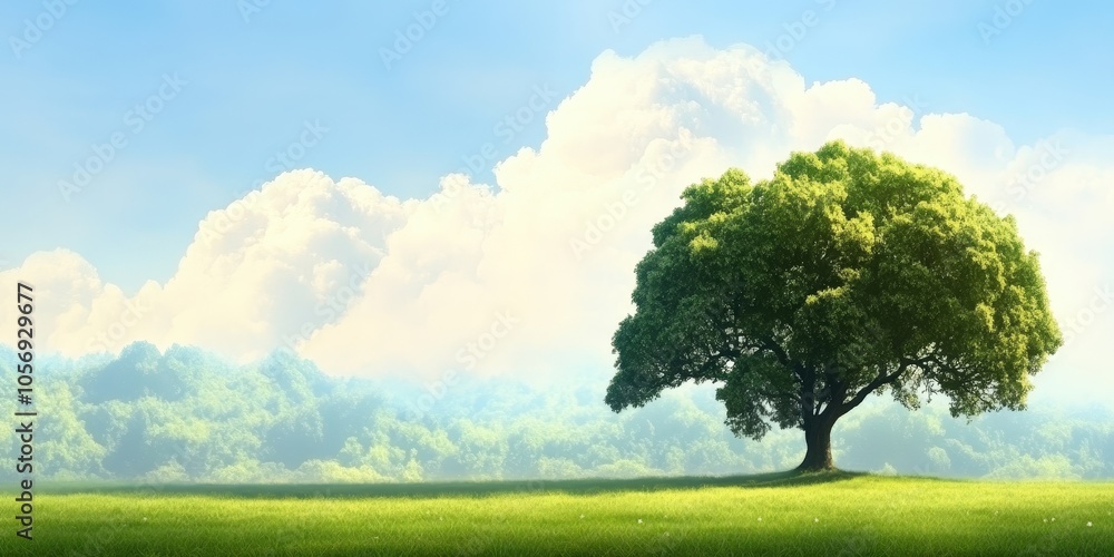 Tranquil Spring Landscape with Lone Tree and Hazy Hills Tranquil Spring Landscape with Lone Tree and Hazy Hills