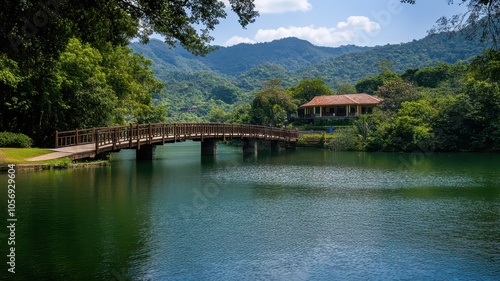 Charming riverside waterfront with a picturesque bridge surrounded by lush greenery and tranquil waters.