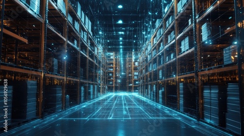 Futuristic digital warehouse featuring smart logistics and augmented reality technologies showcasing innovative high tech solutions for e commerce and delivery