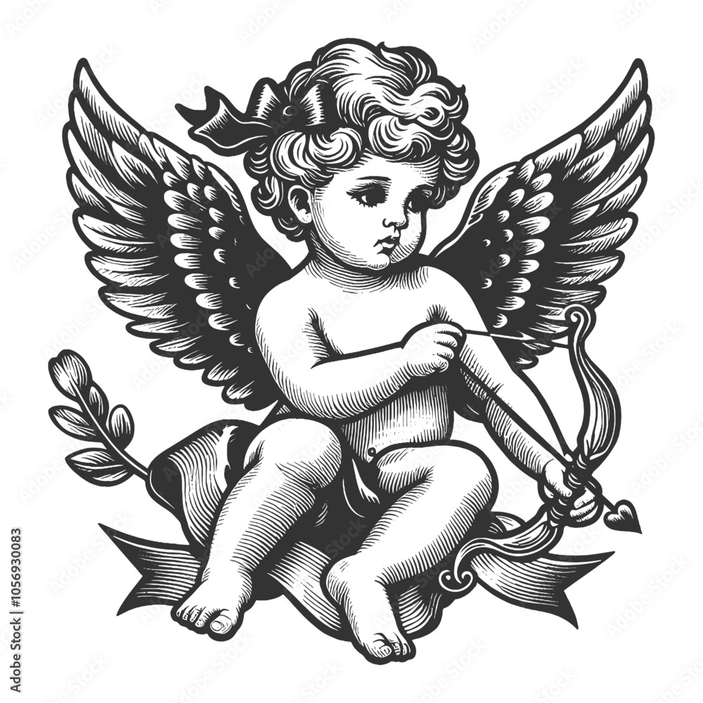 Fototapeta premium Cupid angel holding a bow and arrow, love and romance in detailed line art sketch engraving generative ai fictional character vector illustration. Scratch board imitation. Black and white image.