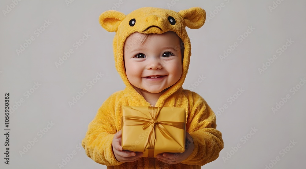 This joyful baby, dressed in a cozy yellow animal costume, holds a perfectly wrapped gift, grinning with excitement. This joyful baby, dressed in a cozy yellow animal costume, holds a perfectly wrapped gift, grinning with excitement.