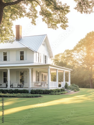 Large white southern house with a wrap around porch and green grass
