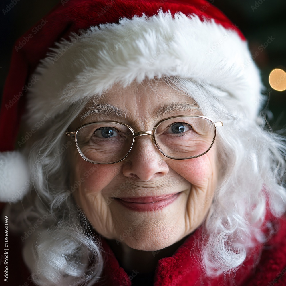 Close-Up of Smiling Elderly Woman Dressed as Santa with Silver Hair and Festive Hat, Exuding Warmth and Kindness Close-Up of Smiling Elderly Woman Dressed as Santa with Silver Hair and Festive Hat, Exuding Warmth and Kindness