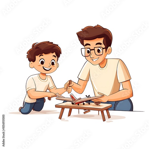 Cartoon father and son building a model airplane together on a white background.