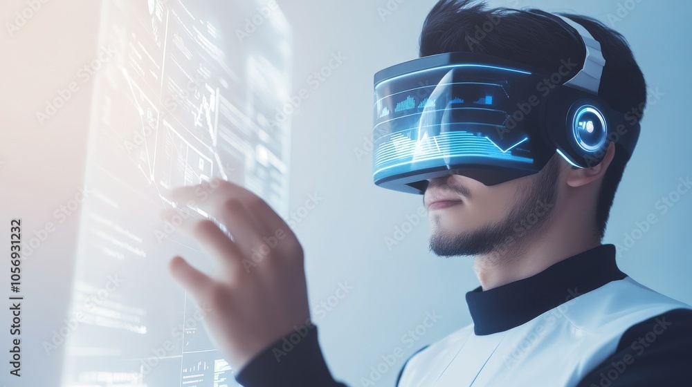 A man uses a virtual reality headset, interacting with digital data in a futuristic environment, showcasing technology and innovation. A man uses a virtual reality headset, interacting with digital data in a futuristic environment, showcasing technology and innovation.