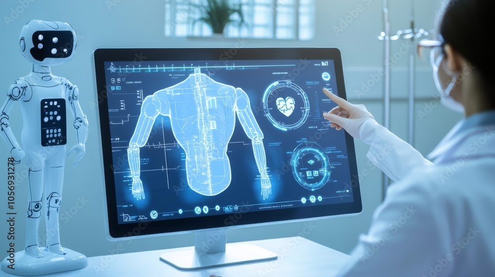 A medical professional interacting with advanced technology to analyze patient health data displayed on a monitor. A medical professional interacting with advanced technology to analyze patient health data displayed on a monitor.