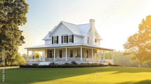 Large white southern house with a wrap around porch and green grass