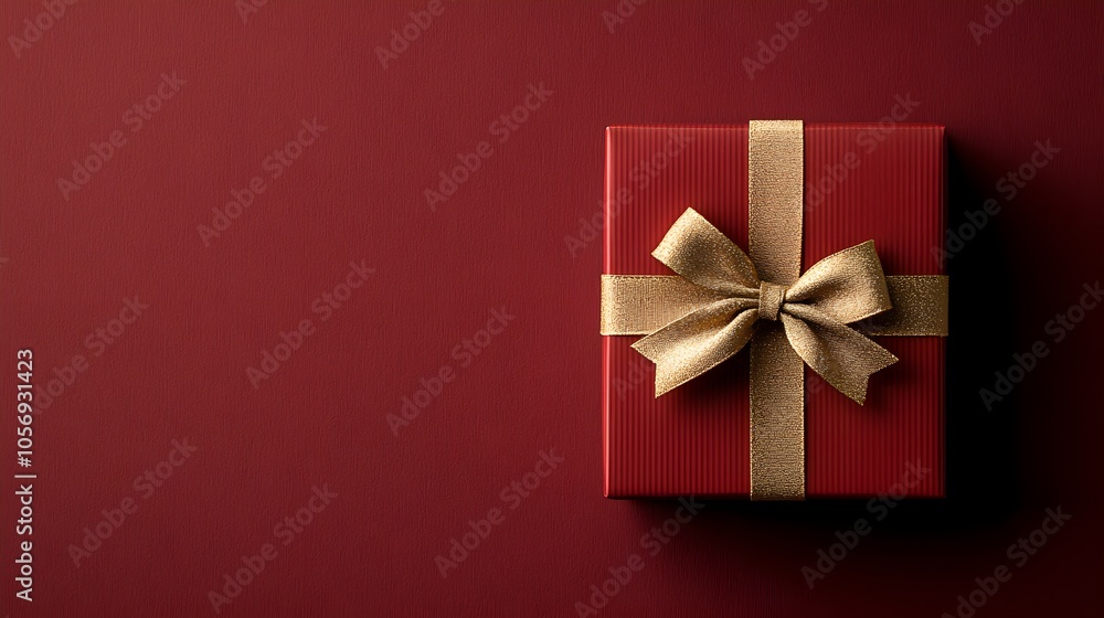 Elegant red gift box with golden ribbon on deep red background Elegant red gift box with golden ribbon on deep red background