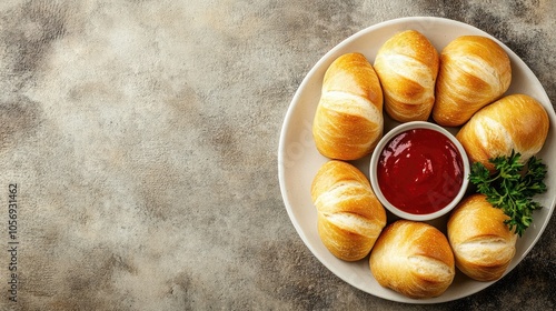 Fresh Bread Rolls with Tomato Sauce on a Plate