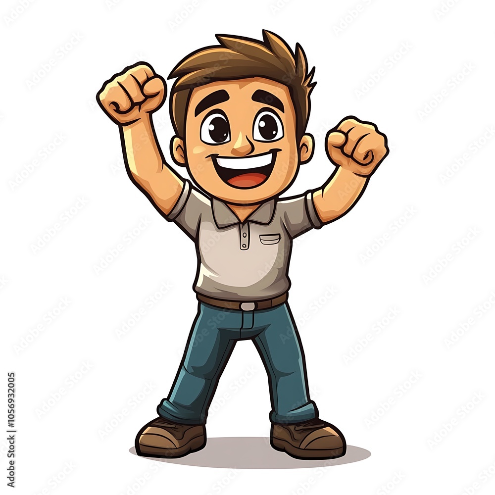 Cartoon employee raising a fist in triumph, celebrating success on a white background. Cartoon employee raising a fist in triumph, celebrating success on a white background.