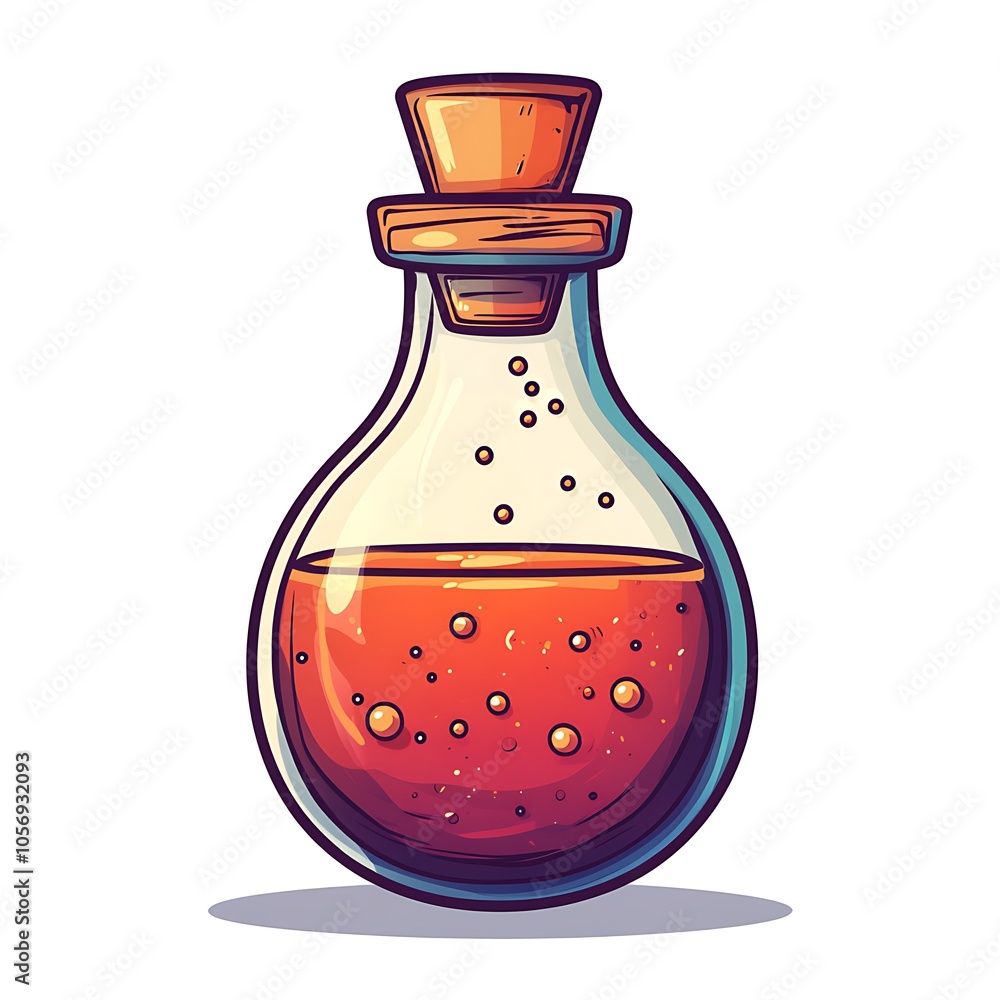 Cartoon magic potion bottle with bubbling liquid on a white background. Cartoon magic potion bottle with bubbling liquid on a white background.