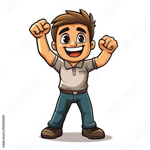 Cartoon employee raising a fist in triumph, celebrating success on a white background.