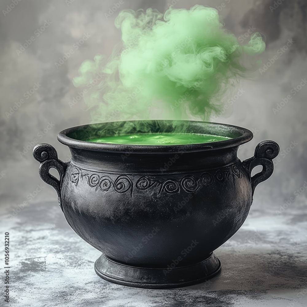 Black witch cauldron with green toxic smoke rising, perfect for Halloween and fantasy themes Black witch cauldron with green toxic smoke rising, perfect for Halloween and fantasy themes