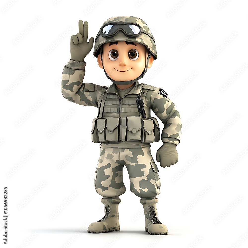Cartoon soldier in camouflage gear saluting on a white background. Cartoon soldier in camouflage gear saluting on a white background.