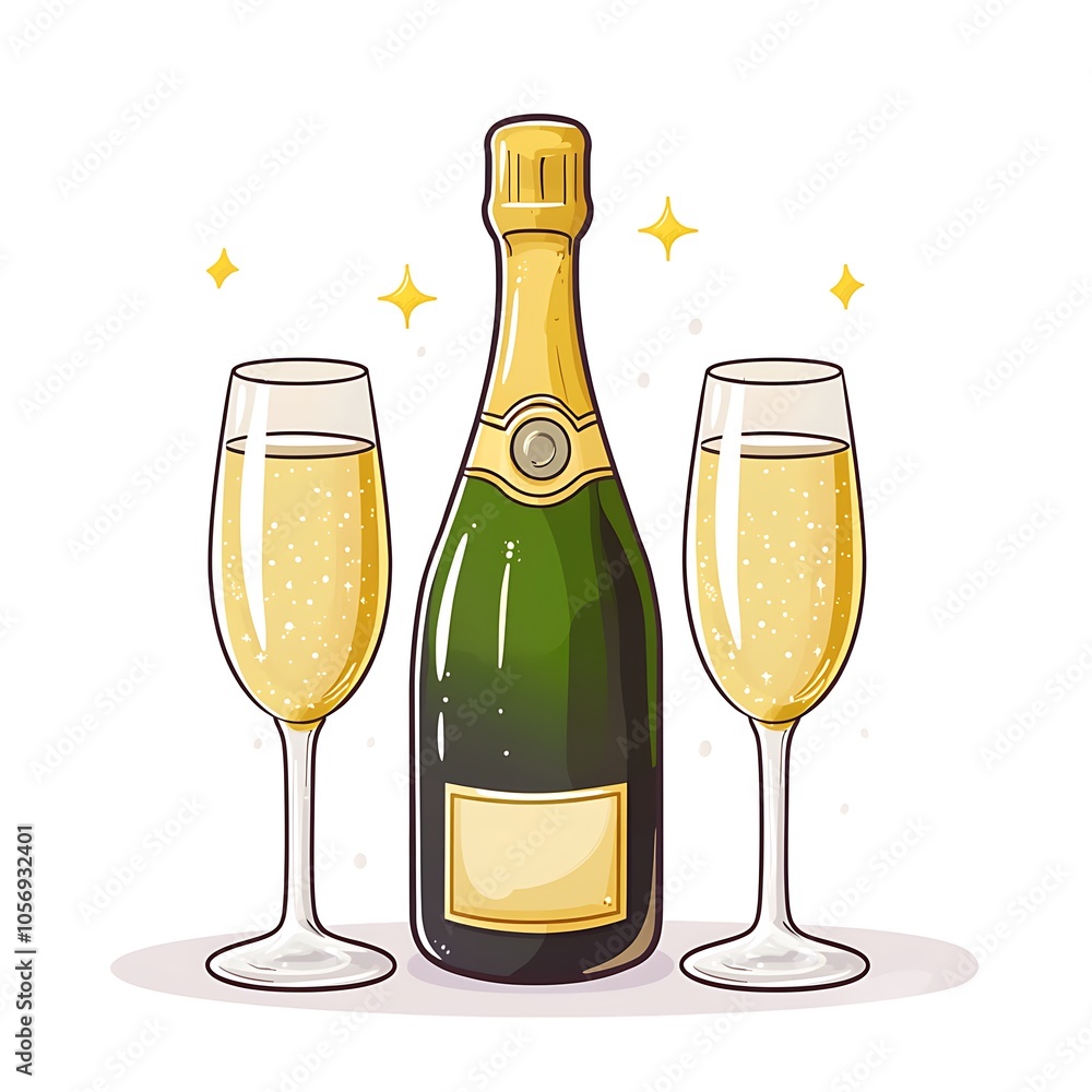 Cartoon champagne bottle with glasses on a white background.
