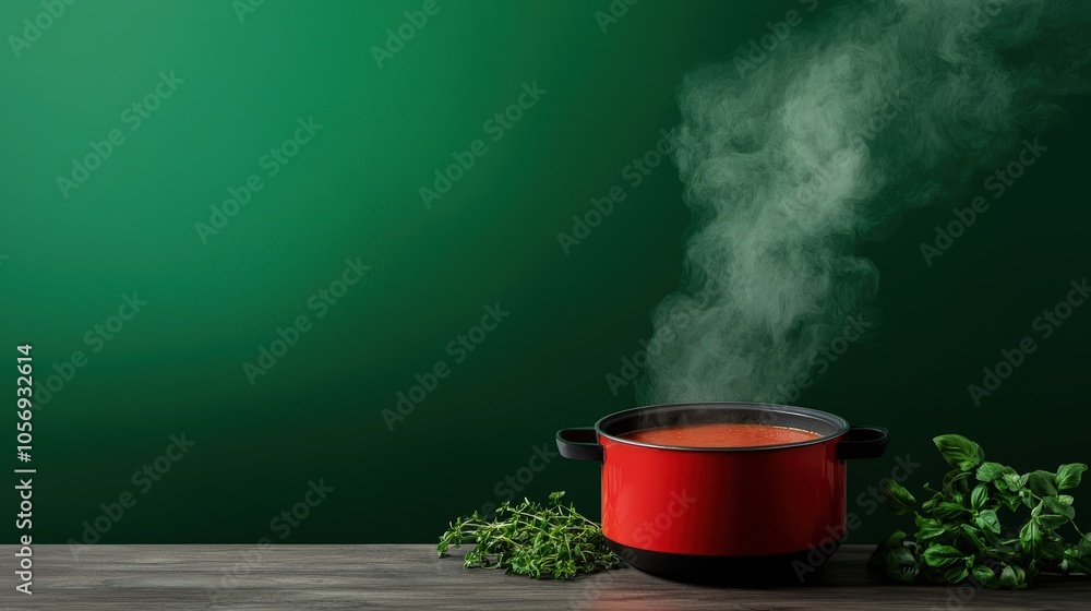 A red pot of soup is steaming on a wooden table A red pot of soup is steaming on a wooden table