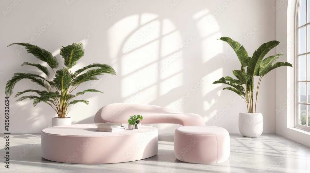 A modern interior featuring soft pink furniture and lush green plants, illuminated by natural sunlight for a fresh, inviting atmosphere. A modern interior featuring soft pink furniture and lush green plants, illuminated by natural sunlight for a fresh, inviting atmosphere.