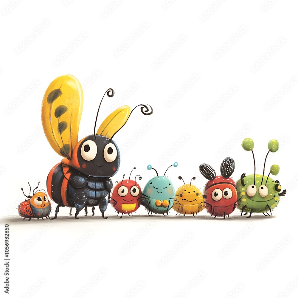 Obraz premium A cute cartoon insect parade featuring various insects with happy faces marching together on a white background.