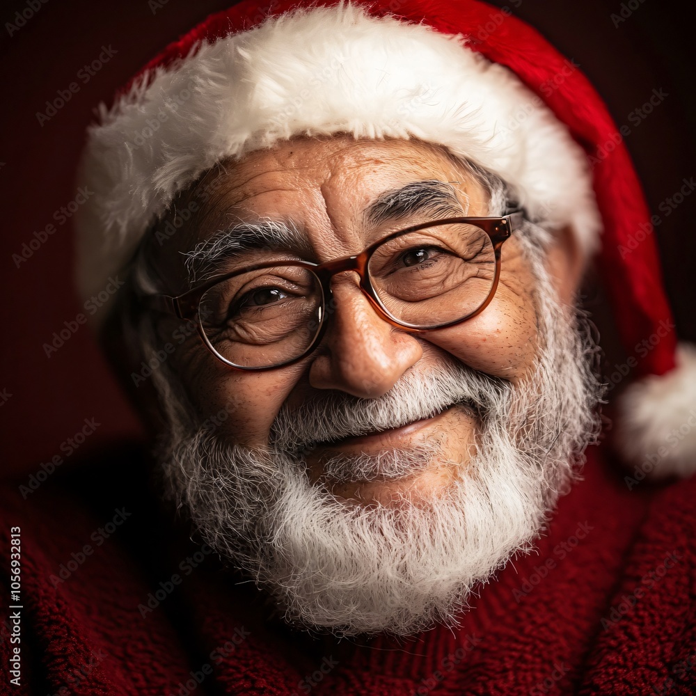 Close-Up of Cheerful Elderly Hispanic Santa with Glasses and Festive Red Suit Close-Up of Cheerful Elderly Hispanic Santa with Glasses and Festive Red Suit