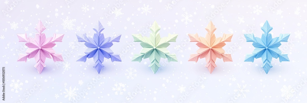 Cute paper art snowflakes arranged in a horizontal line with soft pastel tones Clear background with copy space for text Cute paper art snowflakes arranged in a horizontal line with soft pastel tones Clear background with copy space for text