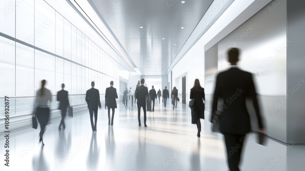 A modern office hallway bustling with businesspeople, showcasing a bright and professional atmosphere. A modern office hallway bustling with businesspeople, showcasing a bright and professional atmosphere.