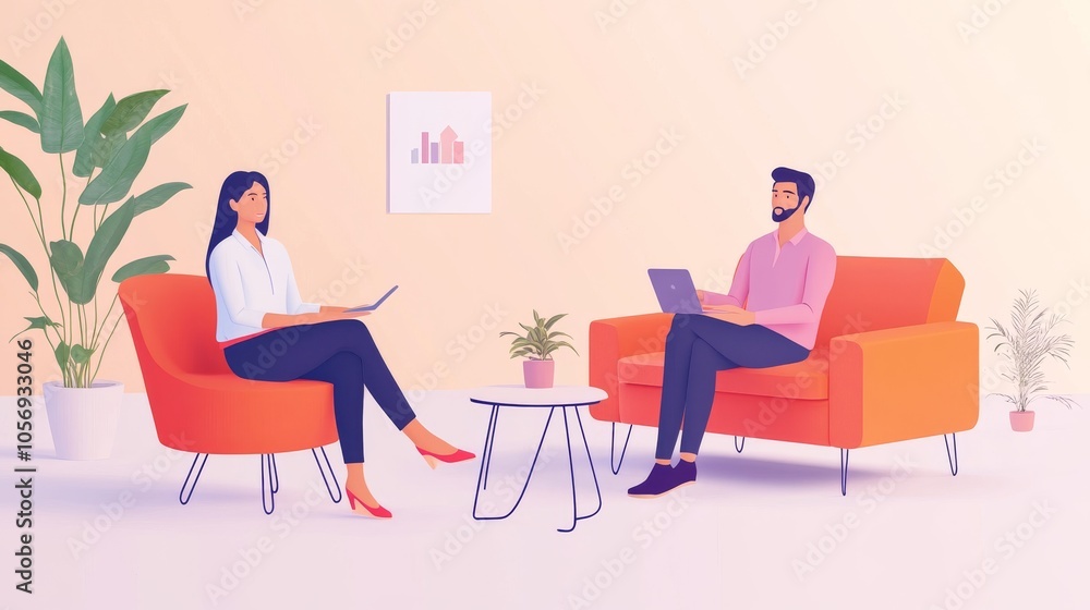 A modern office scene with a woman and a man discussing ideas while seated on orange sofas, surrounded by greenery. A modern office scene with a woman and a man discussing ideas while seated on orange sofas, surrounded by greenery.
