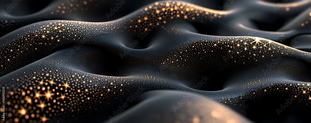 Obraz premium A mesmerizing abstract landscape of shimmering black waves adorned with sparkling golden dots.