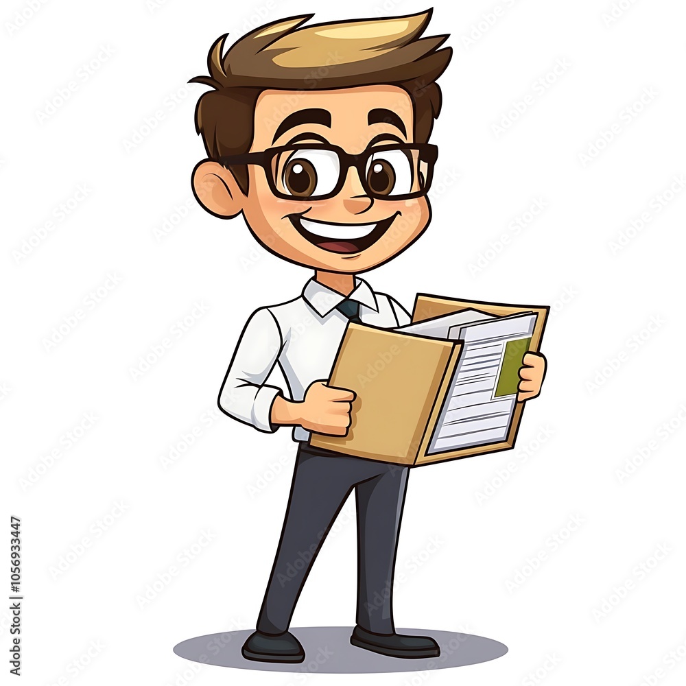 Cartoon employee with a big smile, holding a successful project folder on a white background. Cartoon employee with a big smile, holding a successful project folder on a white background.