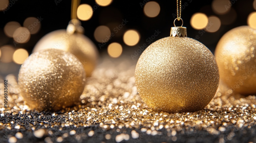 Sparkling Gold Christmas Ornaments on Black Background with Bokeh Lights Sparkling Gold Christmas Ornaments on Black Background with Bokeh Lights