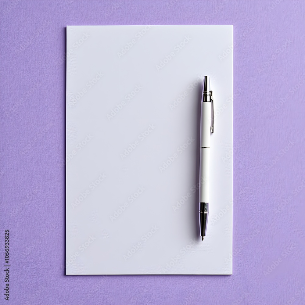 Minimalist workspace with blank paper and pen on purple background Minimalist workspace with blank paper and pen on purple background