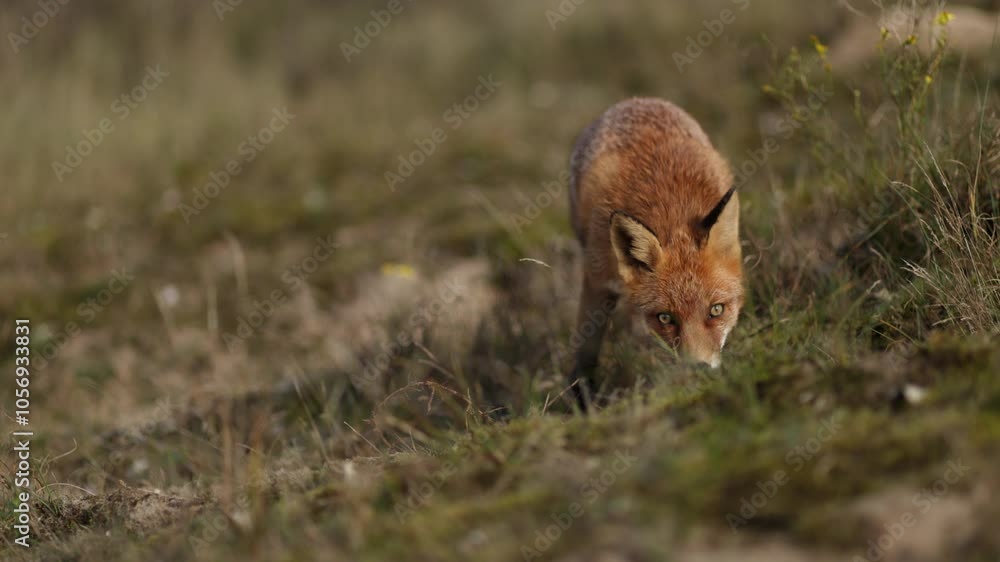 Close slomo shot of young red fox walking and sniffing in dune grass Close slomo shot of young red fox walking and sniffing in dune grass